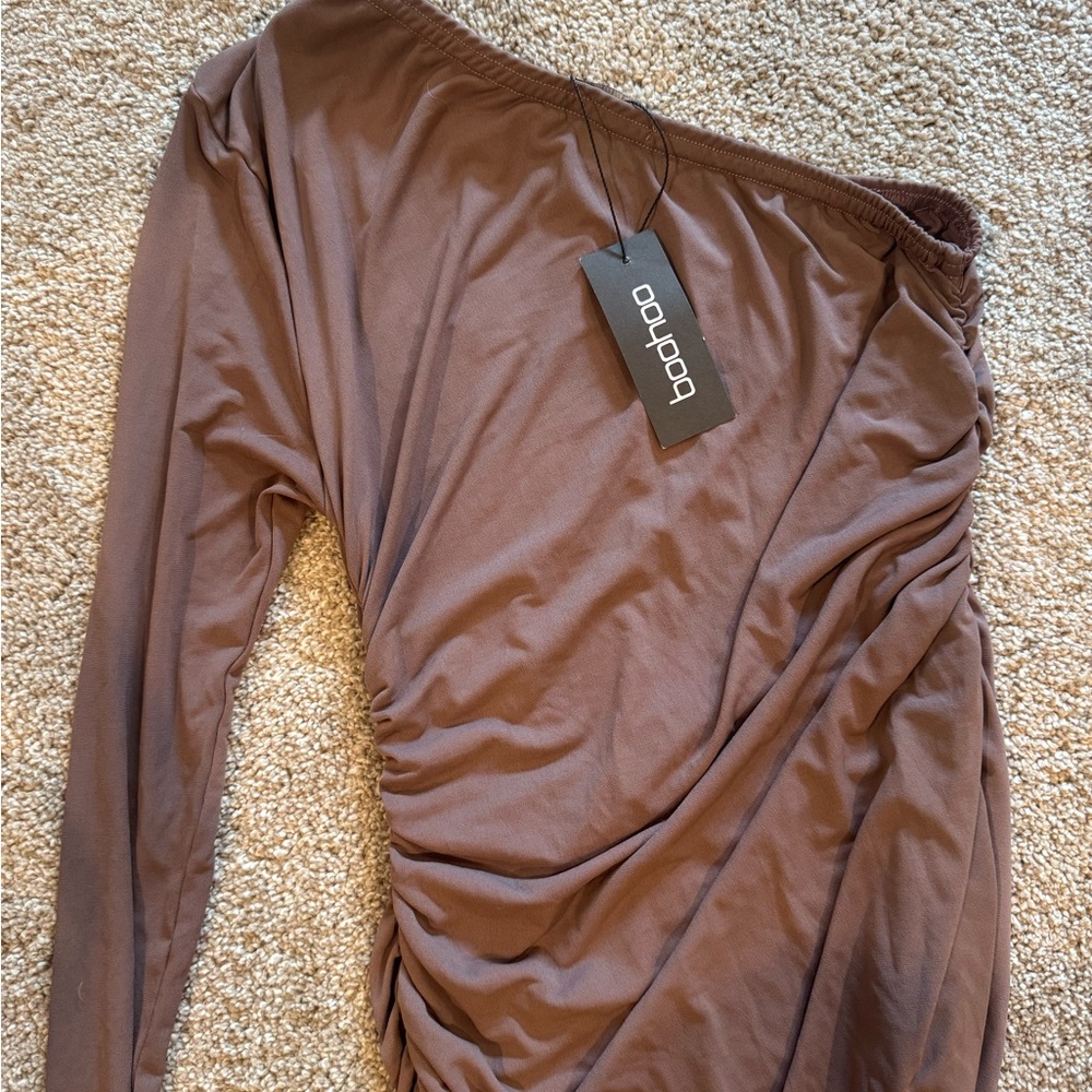 Boohoo Asymmetrical Brown Long Sleeve Blouse